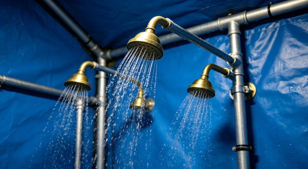 Closeup of shower nozzle system inside decontamination tent with multiple brass nozzles spraying water and stainless steel pipes on blue interior walls