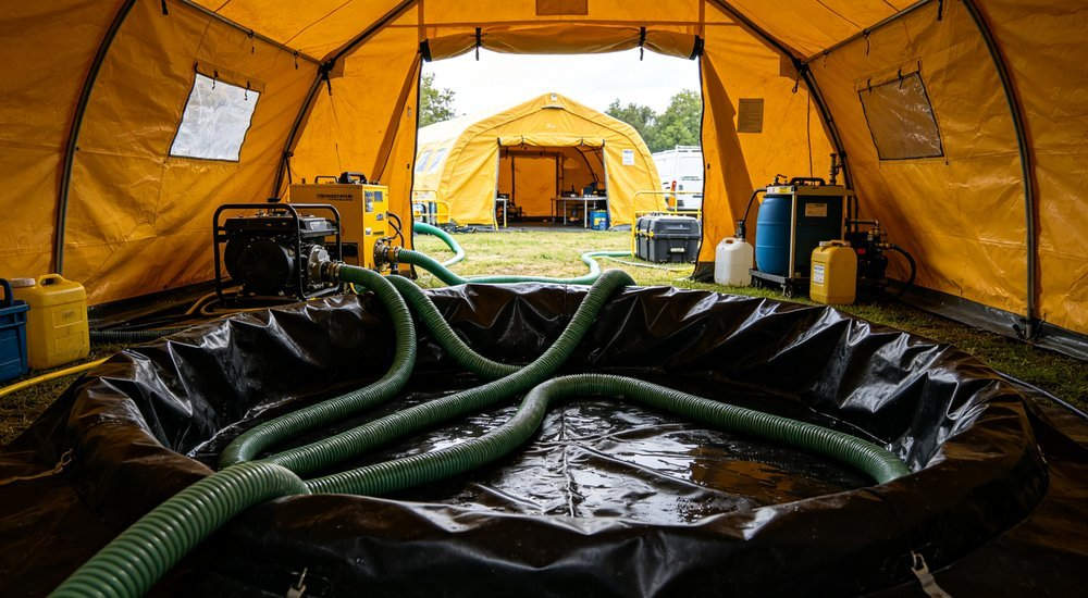 Wide angle shot of wastewater collection system under decontamination tent with black collection bladder and hoses and effluent handling equipment at emergency site
