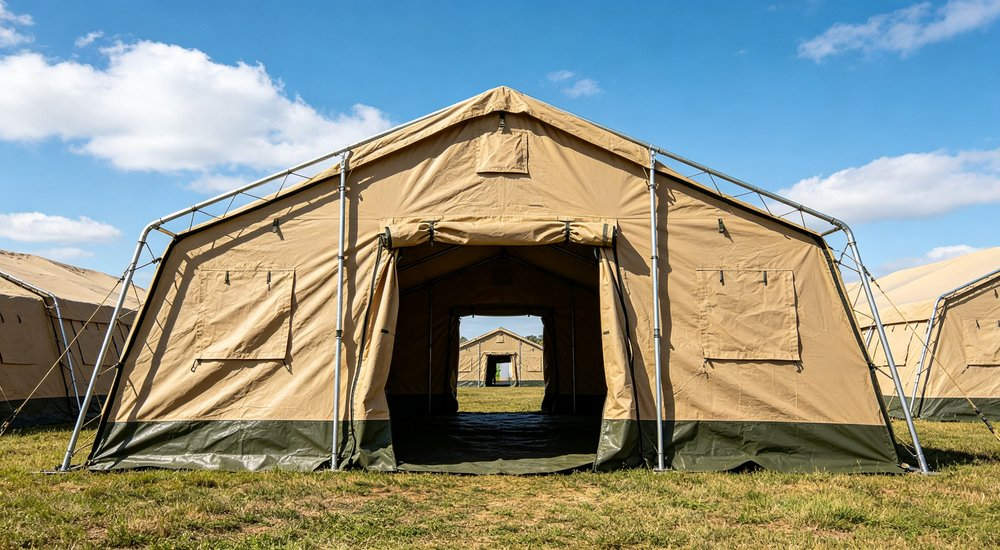 Front entrance view of a heavy duty emergency relief tent displaying the reinforced door frame sturdy zipper entrance and professional military grade construction quality