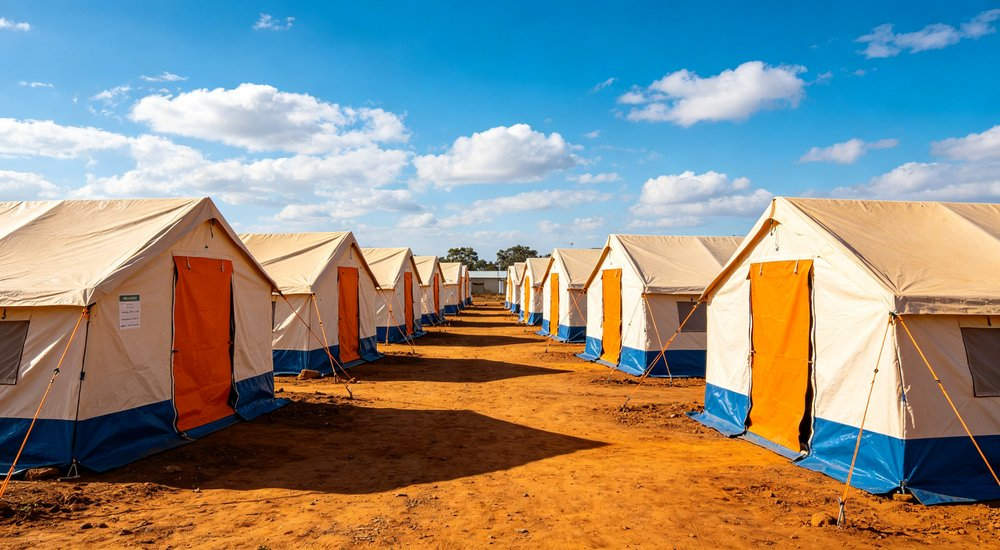 Emergency relief tent camp established after major natural disaster providing temporary shelter for hundreds of displaced families with organized sanitation and support facilities