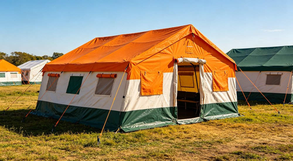 Earthquake affected region showing emergency relief tents deployed near damaged buildings providing immediate safe shelter for survivors while recovery and reconstruction work continues