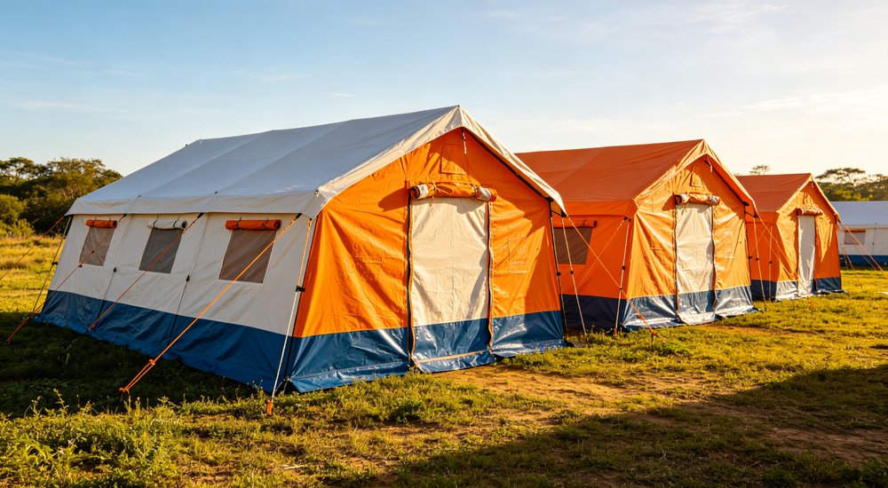 Heavy duty emergency frame tent displayed in operational setting demonstrating quick setup capability durable canvas exterior and spacious interior capacity for humanitarian relief missions