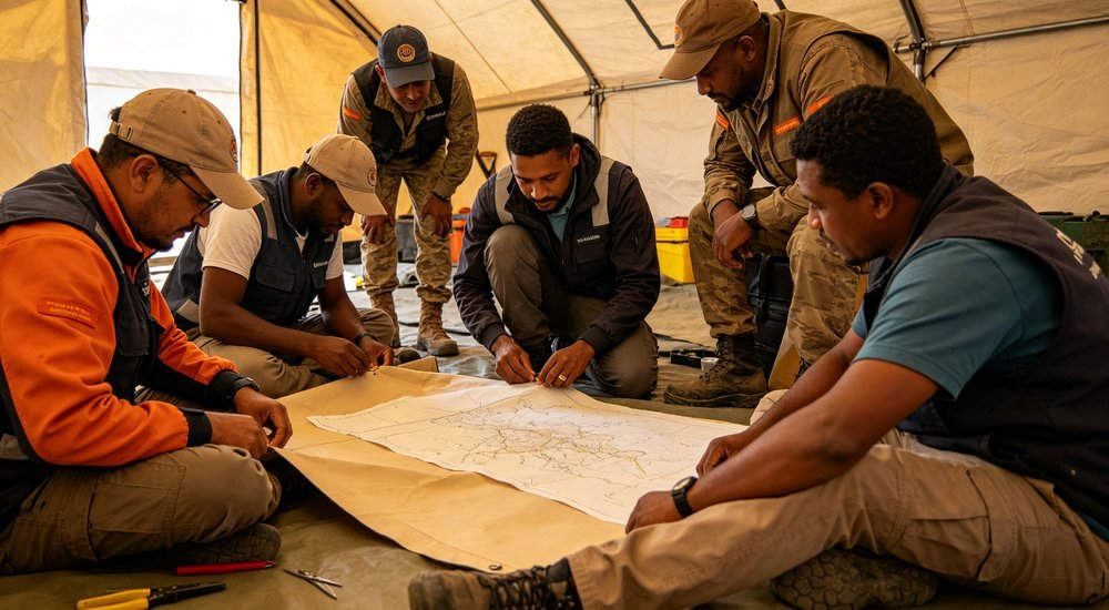Professional emergency relief tent photographed in field deployment showing sturdy construction waterproof fabric and steel frame design suitable for disaster response and humanitarian aid operations