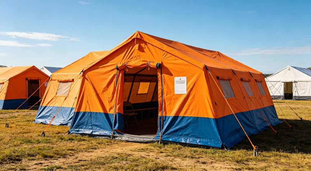 Field deployed emergency shelter showing robust frame construction waterproof material and practical design features meeting international standards for disaster response and refugee accommodation