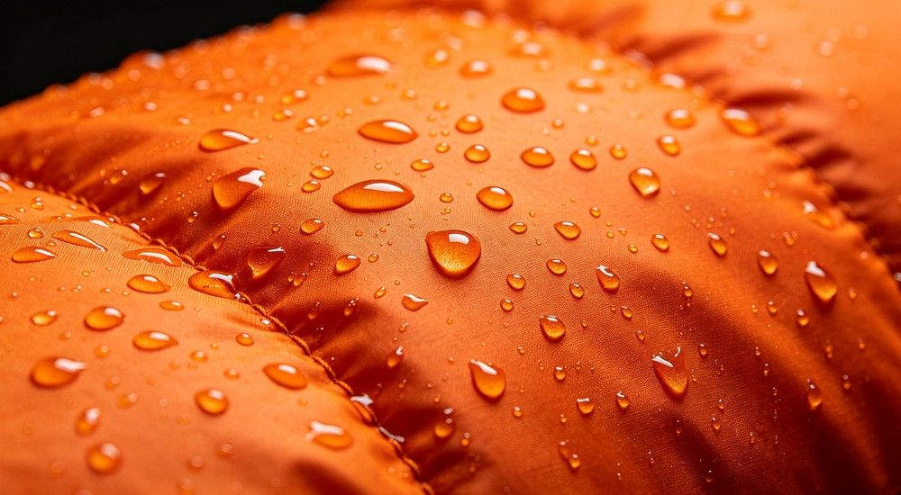 Water‑repellent surface of orange sleeping bag fabric with water droplets, waterproof performance demonstration, close‑up shot, professional product photography for outdoor camping gear
