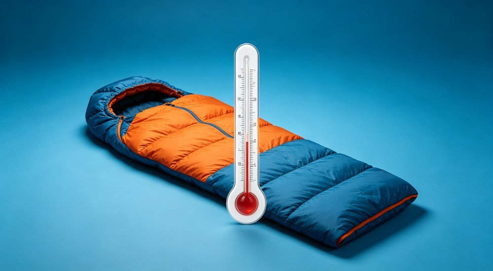 Temperature rating display of mummy style sleeping bag with thermometer, cold resistant outdoor camping gear, clean studio background, professional commercial product photo