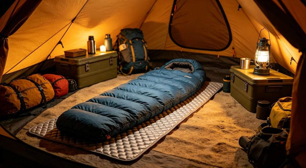 Light colored water-repellent sleeping bag in misty forest with morning dew on fabric, soft natural light, cozy outdoor camping atmosphere, professional lifestyle photography
