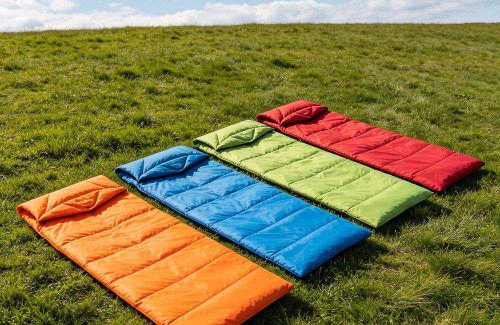 Wide angle view of colorful envelope sleeping bags laid flat on green grass under blue sky with mountain background, bright natural daylight, product family showcase, no people