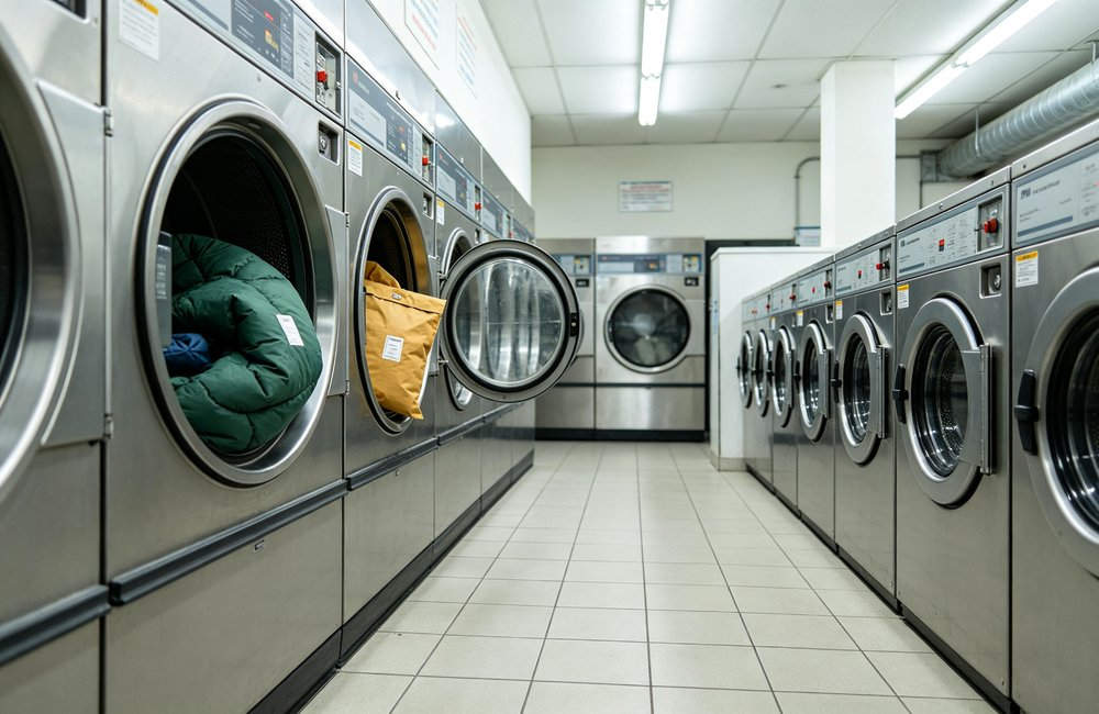Front view of bright clean laundry room with green envelope sleeping bag inside front loader industrial washing machine, fluorescent lighting, professional laundry facility, easy care demonstration, no people