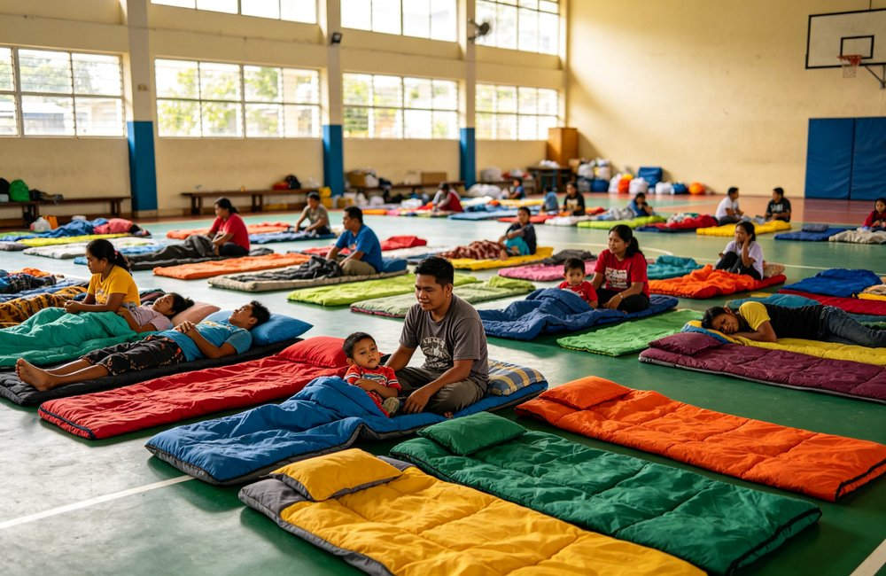 Wide angle view of Southeast Asian emergency evacuation center gymnasium with Filipino families resting on colorful horizontally laid sleeping bags, natural daylight from windows, humanitarian aid shelter, Asian people