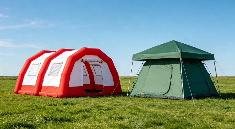Side by side comparison of inflatable emergency tent and steel frame relief tent on grass field under bright blue sky, two different shelter types, professional outdoor photography