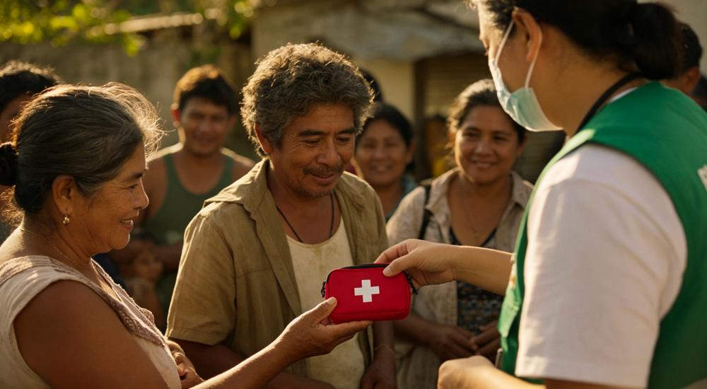 Documentary shot of green vest volunteer handing small red mini first aid pouch to elderly woman in outdoor community setting with warm sunlight Documentary shot of green vest volunteer handing small red mini first aid pouch to elderly woman in outdoor community setting with warm sunlight