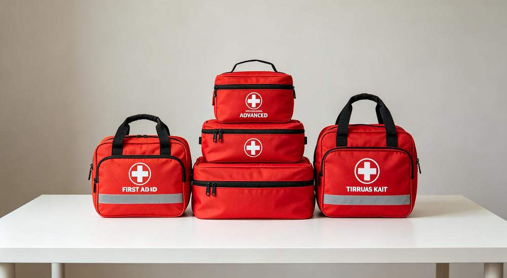 Product comparison shot of three tiers of red first aid kits labeled basic advanced and trauma arranged on white table