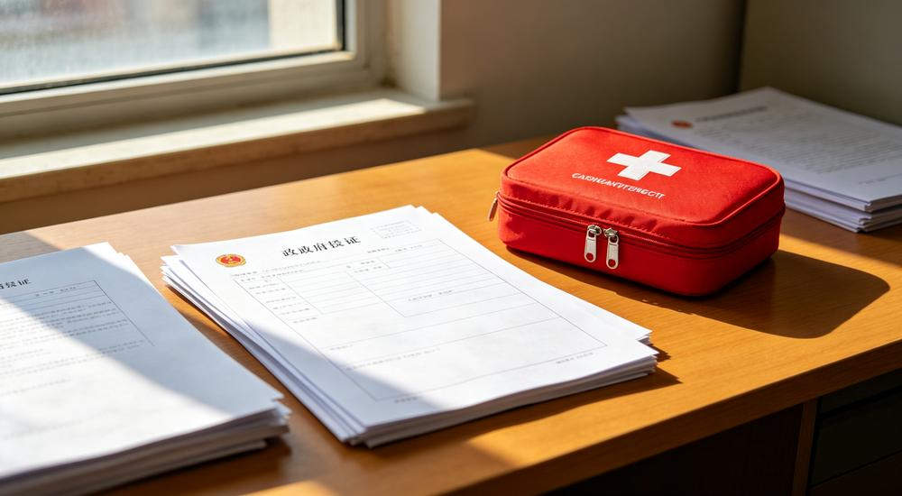 Warm office shot of red first aid kit on wooden desk beside stacked government tender documents with natural sunlight from window