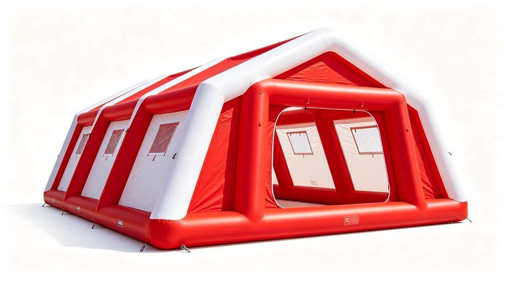 Close-up detail of inflatable tent air beam structure showing reinforced PVC coated polyester fabric and welded seams, professional product detail photography for emergency shelter