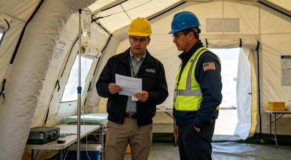 Procurement officer checking medical tent certification documents during supplier audit, professional buyer verifying quality standards and compliance, business inspection photography