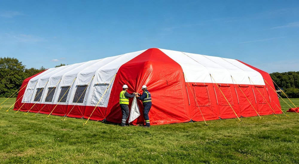 Two workers quickly setting up red and white inflatable emergency tent for sample approval, humanitarian relief tent pilot deployment testing with professional setup team, product validation photography