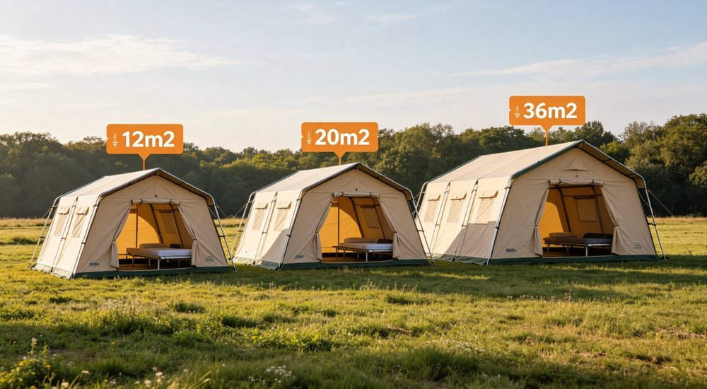Price range comparison chart showing three sizes of steel frame relief tents, cost breakdown analysis for humanitarian shelter procurement, professional business infographic photography