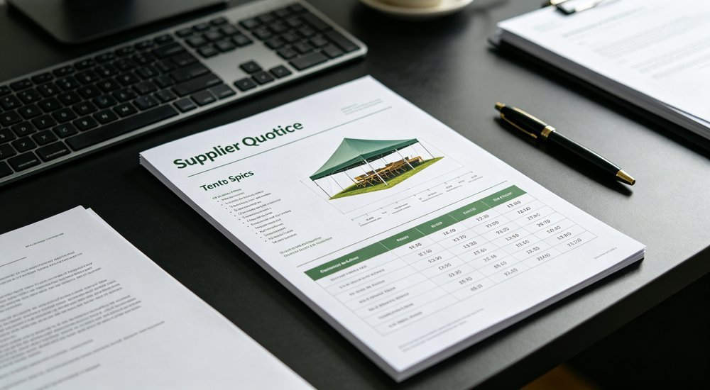Supplier quotation document with tent specifications and procurement checklist, professional business documentation for humanitarian shelter purchasing, office photography for humanitarian emergency shelter procurement with professional quality standards and reliable supplier partnership