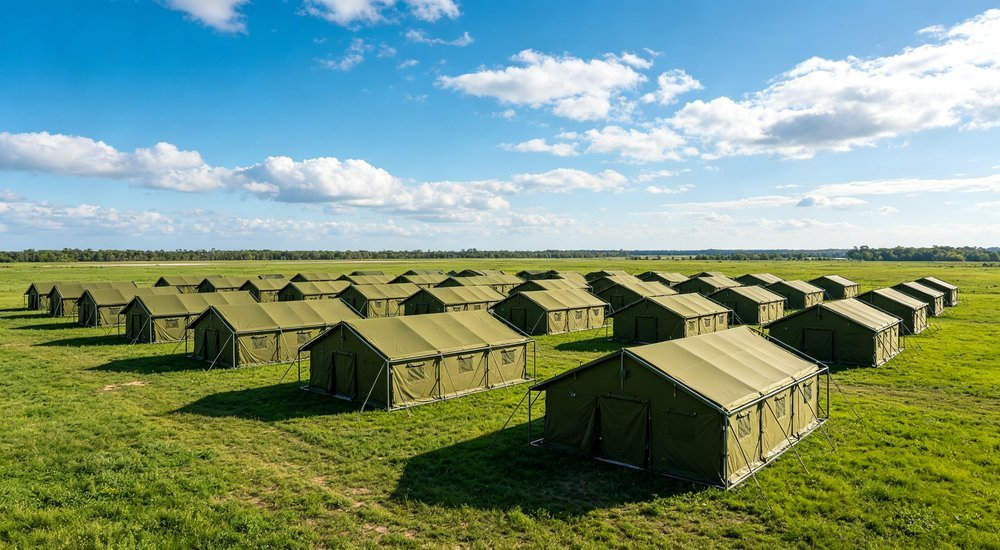 Wide aerial view of government relief camp with organized rows of steel frame tents, official disaster response shelter deployment, professional aerial photography