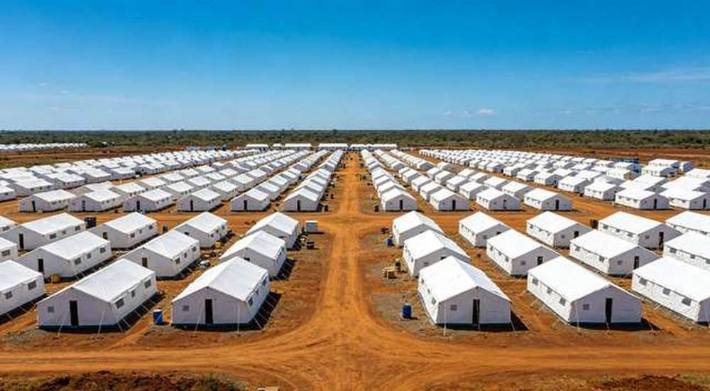 Aerial view of organized disaster relief camp with rows of white emergency tents under blue sky, custom OEM shelter deployment for humanitarian aid operations