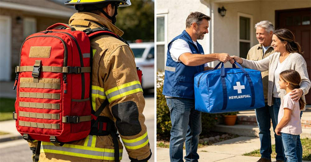 Split composition red tactical rescue backpack on firefighter left blue relief distribution bag handed to family right on residential street