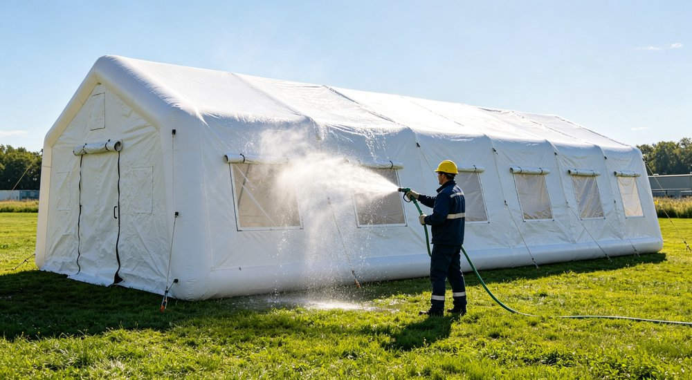 Exterior cleaning of inflatable medical tent after use, worker washing PVC fabric red and white inflatable emergency shelter for disaster relief operations