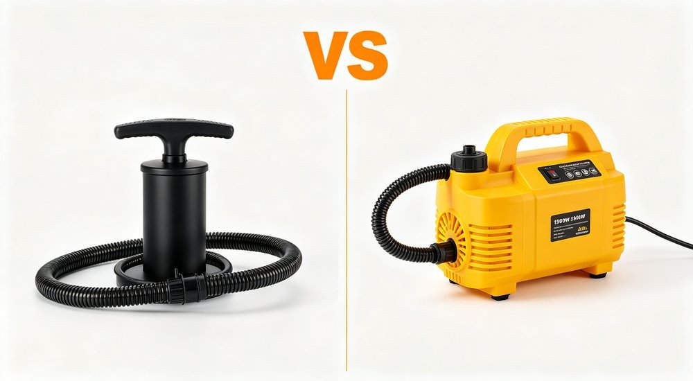 Manual pump vs electric pump comparison for inflatable decon tent, side by side, product shot red and white inflatable emergency shelter for disaster relief operations