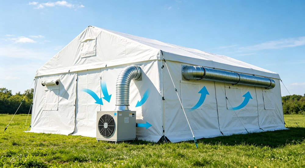 Ventilation system running on inflatable isolation tent, fan unit with ducting, green grass red and white inflatable emergency shelter for disaster relief operations