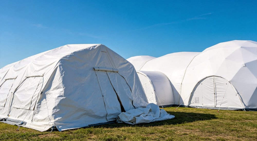 Module failure scenario showing one module deflated while others remain inflated, independent chambers red and white inflatable emergency tent for disaster relief operations