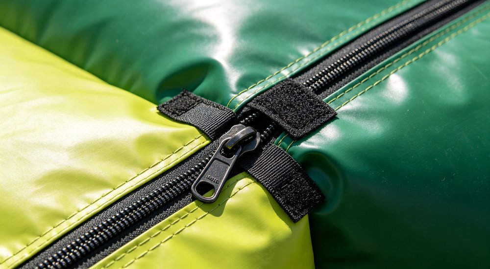 Connection ring detail of modular inflatable tent system, close-up of joining mechanism, bright lighting red and white inflatable emergency shelter for disaster relief operations