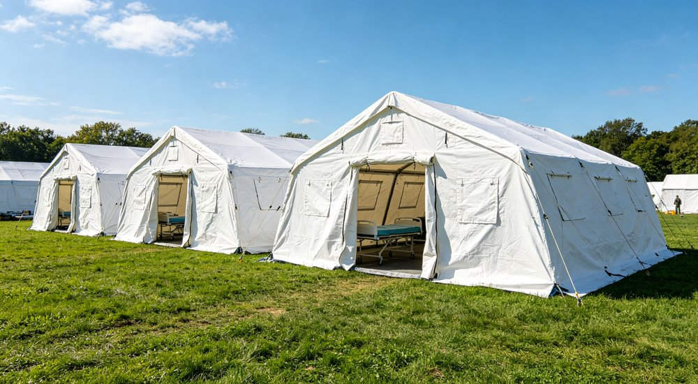 Disaster response with modular inflatable tent system being deployed, rescue workers, green grass red and white inflatable emergency shelter for disaster relief operations