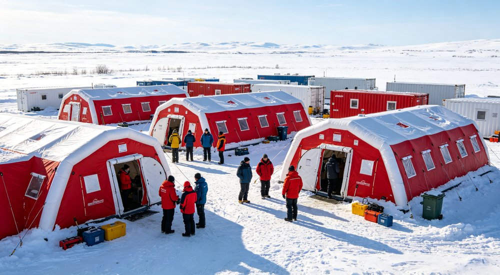 Winter camp with modular inflatable tent system in snow, cold weather operation, workers red and white inflatable emergency shelter for disaster relief operations