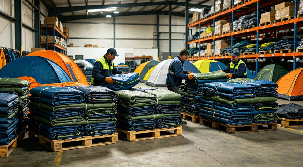 Warehouse storage of modular inflatable tent components, organized shelves, bright lighting red and white inflatable emergency shelter for disaster relief operations