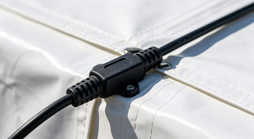 Cable connection between modular inflatable tent units for power distribution, close-up detail red and white inflatable emergency shelter for disaster relief operations