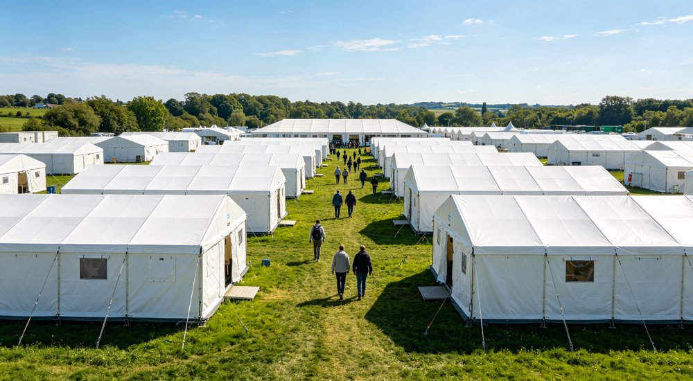 Actual camp use of modular inflatable tent system in field operation showing deployment, FAQ illustration, green grass red and white inflatable emergency shelter for disaster relief operations