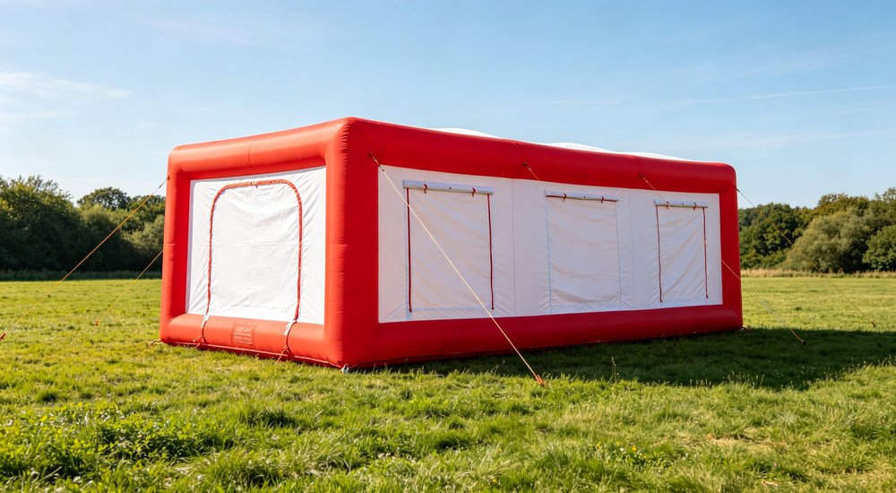 Single inflatable tent module showing individual unit weight and size, product shot red and white inflatable emergency shelter for disaster relief operations