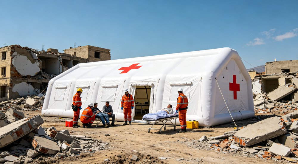 Post disaster medical response with inflatable tent, rescue workers, green grass, blue sky red and white inflatable emergency shelter for disaster relief operations