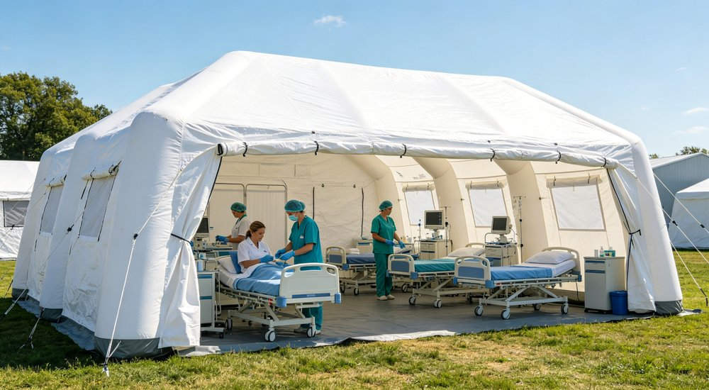 Large 30 square meter inflatable medical tent, green grass, blue sky red and white inflatable emergency shelter for disaster relief operations
