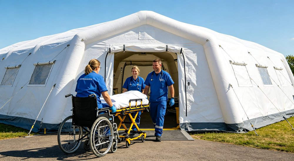 Stretcher entrance of inflatable medical tent, medical workers bringing patient in red and white inflatable emergency shelter for disaster relief operations