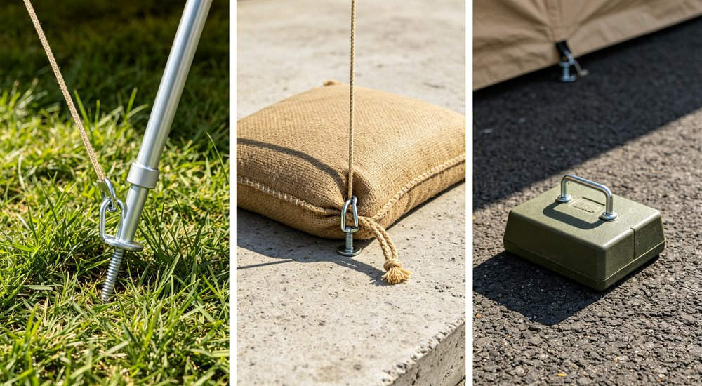 Ground fixing methods for inflatable medical tent, stakes and sandbags, green grass red and white inflatable emergency shelter for disaster relief operations
