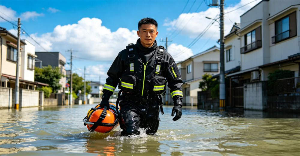 Professional water rescue worker wearing a black trilaminate dry suit navigating flooded urban street during emergency response operation. suitable for wholesale buyers and bulk procurement from China supplier