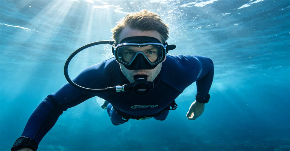 Professional diver wearing a 5mm neoprene wetsuit swimming underwater in clear blue ocean with coral reef environment. suitable for wholesale buyers and bulk procurement from China supplier