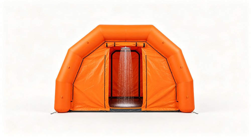 Single lane inflatable decon tent on white background, product photography red and white inflatable emergency shelter for disaster relief operations