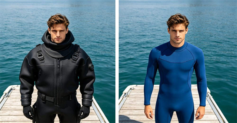 Side-by-side comparison of a bulky black trilaminate dry suit and flexible neoprene wetsuit on dock showing structural and thermal differences
