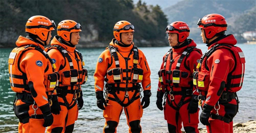 Water rescue team in dry suits conducting flood field operation with rescue boats and safety equipment in urban flood zone