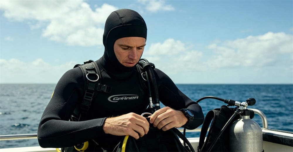Professional diver wearing 5mm black neoprene wetsuit with hood preparing for dive from boat in open water environment. designed for recreational and professional diving in various water temperatures