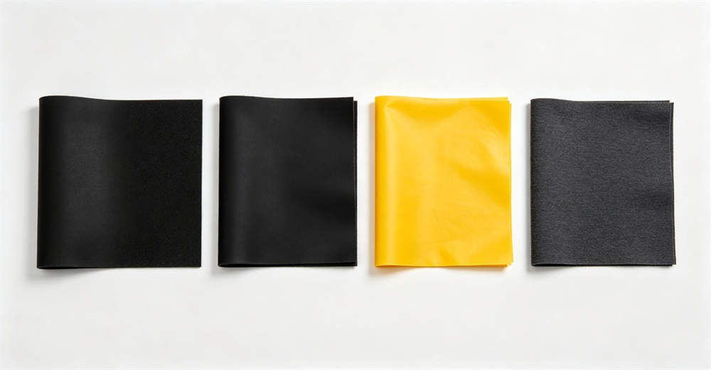 Four material swatches displayed side by side: black neoprene, trilaminate fabric, nylon shell, and polyester lining for dry suit and wetsuit