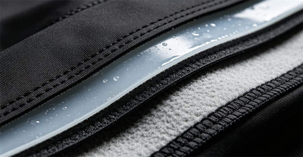 Cross-section close-up of trilaminate dry suit fabric showing three-layer construction: outer nylon, waterproof membrane, and inner lining. helping buyers understand material properties for informed wholesale purchasing