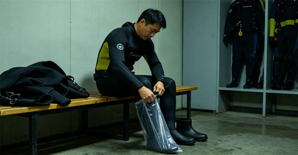 Rescue worker demonstrating dry suit donning technique sitting on bench with proper foot entry and suspender adjustment procedure. extending product lifespan and ensuring reliable performance for professional users